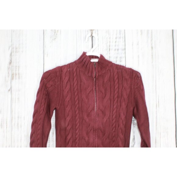 LL Bean Double L Cable Sweater Zip Cardigan Maroon Size Small - Picture 2 of 10